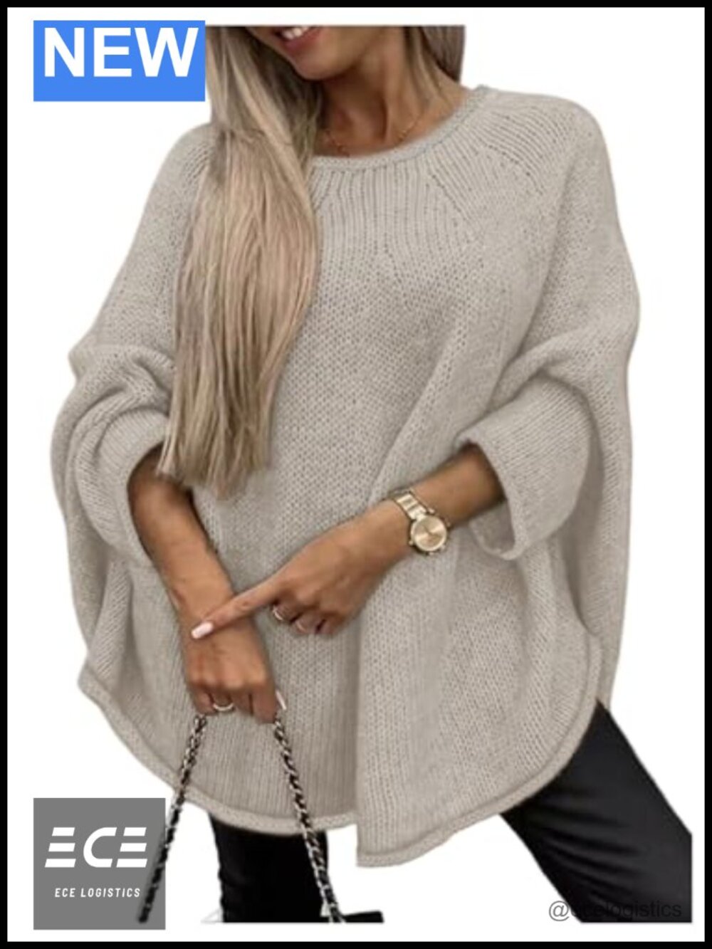 Oversized Slouchy Knit Sweater Lantern Sleeve Crewneck Pullover